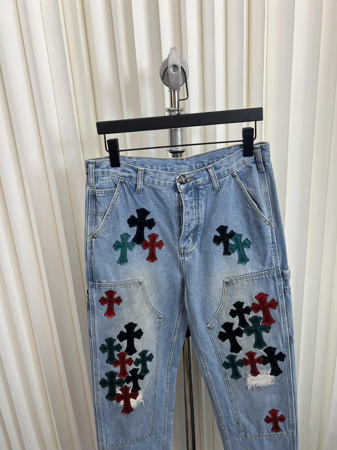 크롬하츠 레더 패치 데님 진 청바지