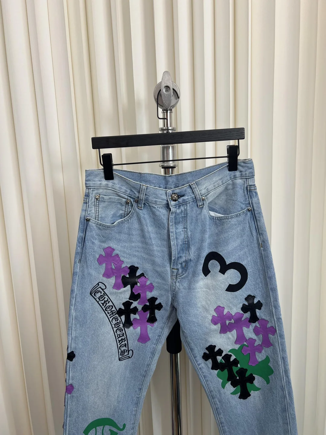 크롬하츠 레더 패치 데님 진 청바지
